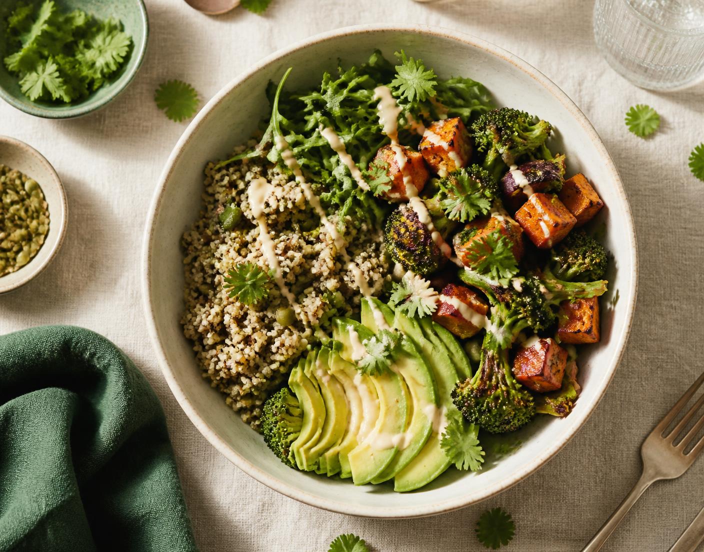 A wholesome grain bowl with roasted vegetables, avocado and herbs