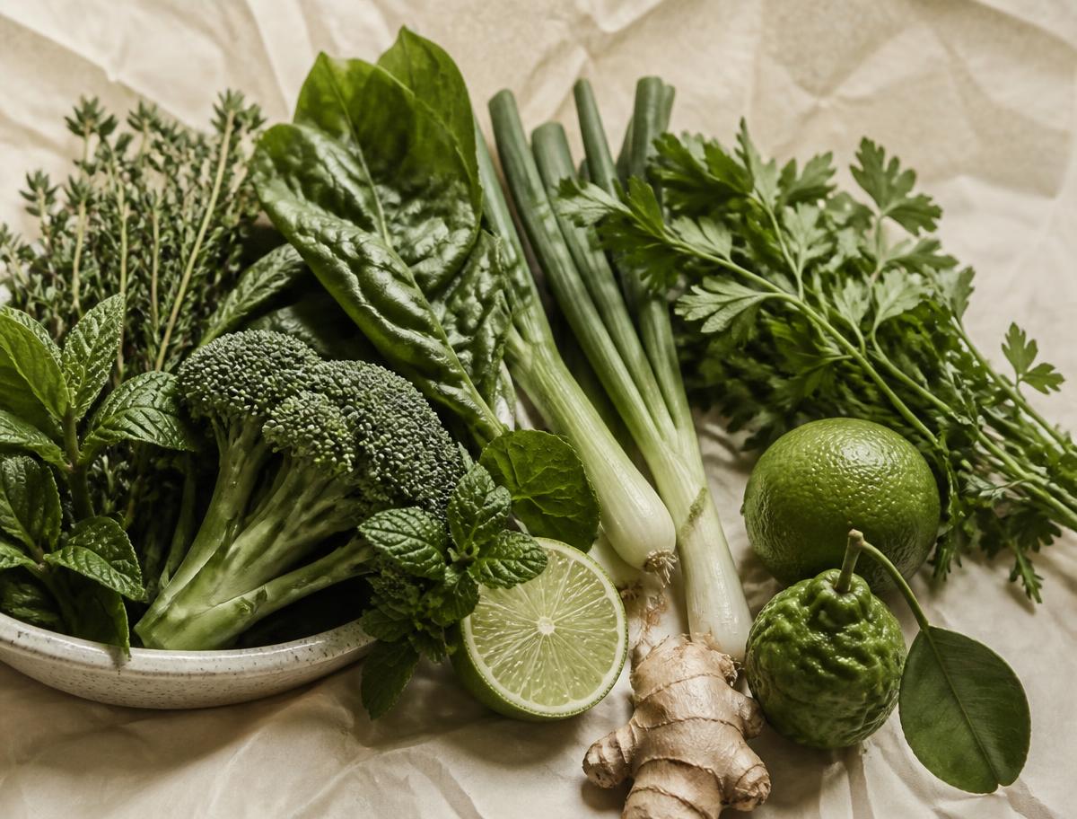 Fresh greens, herbs and citrus arranged on warm paper